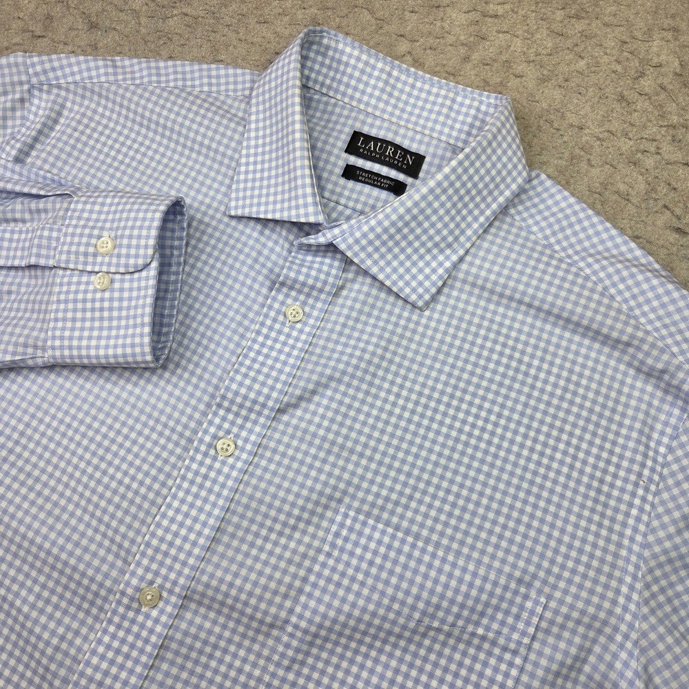 Lauren Ralph Lauren Shirt Mens 17.5-34/35 Blue Gingham Check Long Sleeve Stretch